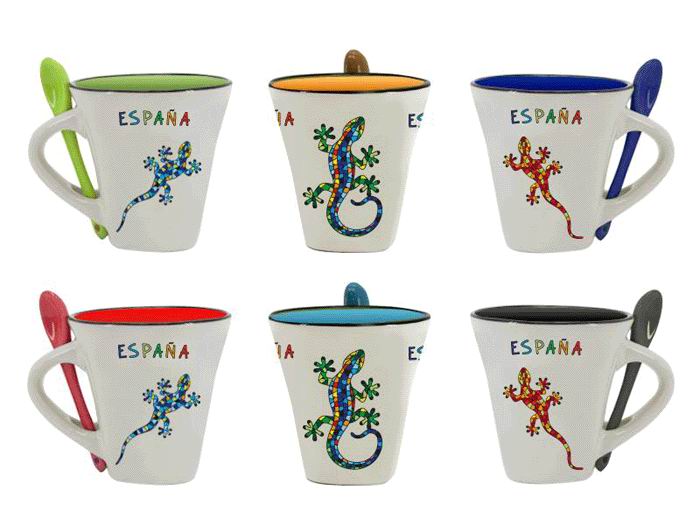 6 Coffee Mugs with a Teaspoon. Spanish Salamander Model By Olé Mosaic